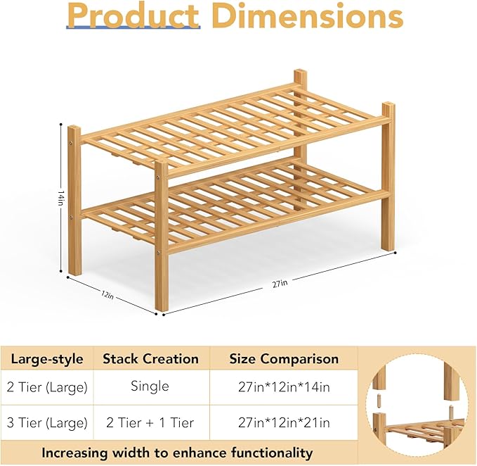Haddockway Large 2 Tier Bamboo Shoe Rack Storage Organizer, Multifunctional Free Standing Stackable Shoe Shelf with Grid Panel for Closet,Hallway,Entryway,Small Space 27"x12"x14"