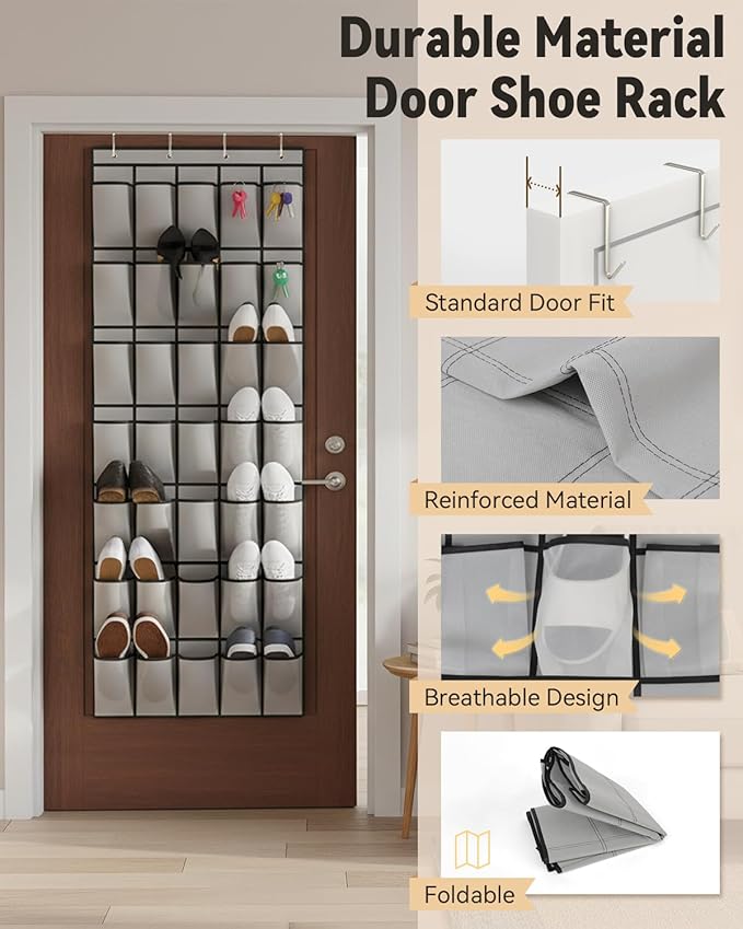 dodowin Over the Door Shoe Organizers, 2 Pack (1 Black & 1 Grey) -35 Deep Mesh Pockets Each, Over The Door Shoe Rack, Space Saving Hanging Storage Holder for Closets, Shoes & Accessories