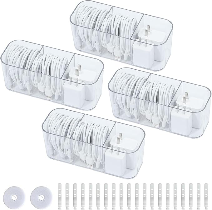 4 Pack Cord Organizer Box for Desk Drawer, Plastic Cable Storage Case with Wire Ties, Clear Home Office Supplies Container for Phone Charger, Art Crafts and bathroom Accessories
