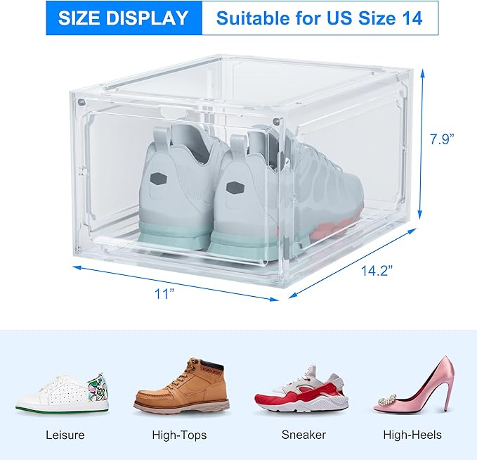 HIYOHIYO Size 14 Shoe Boxes Clear Plastic Stackable, Sneaker Containers Magnetic Shoes Storage Box Foldable Drop Front Organizer Shoes Cases for Home Display Bins 1 Pack (14.2"x 11"x 7.9")