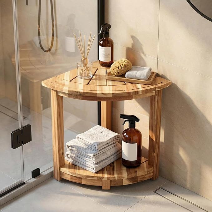VICTORY RELAX Acacia Wood Corner Shower Shelf for Inside Shower – Waterproof Shower Bench & Foot Rest for Shaving Legs, Small Bathroom Spa Seat, Light Natural Color (17.9")