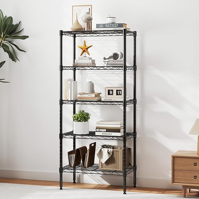 DUMOS 5-Tier Metal Wire Storage Shelves, Adjustable Standing Storage Rack Shelf, Heavy Duty Steel Shelving Unit Organizers for Kitchen Bathroom Pantry Garage, 23.2" W×13.4" D×59.8" H, Black