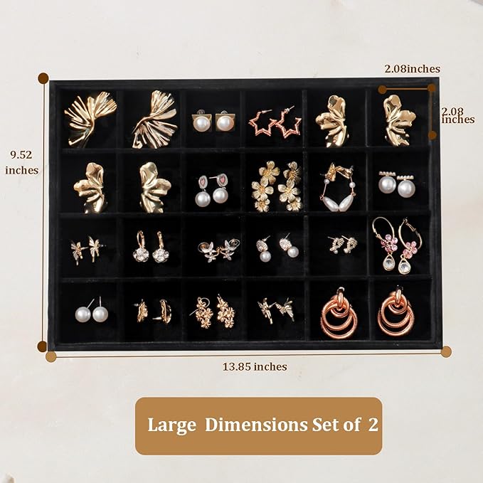 Large Velvet Jewelry Tray 2 Pack Stackable Jewelry Display Drawer Inserts Trays Organizer for Earring Bracelet Necklace Ring (Black, 12 Grids+24 Grids)