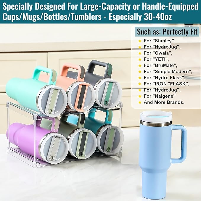 Design for Stanley 40 OZ & Large Bottles & Tumblers with Handle, Acrylic Water Bottle Organizer - Stackable Clear Wine Rack, Cup Holder for Home Kitchen Pantry Shelf Countertop Cabinet, 2 Tier Hold 6