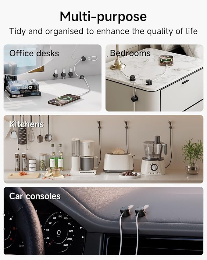 Cord Organizer Holder, 360° Rotatable Magnetic Cable Clips, Strong Adhesive Cable Management Desk Accessories, Adjustable Wire Organizer Hide Cords Neatly for Nightstand/Home/Kitchen/Office/Car