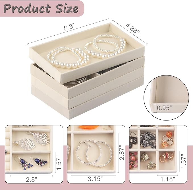Jewelry Organizer Tray, Stackable Velvet Jewelry Trays, Jewelry Organizer for Drawer for Women, Jewelry Drawer Organizer for Rings, Necklaces, Set of 8 (Beige)