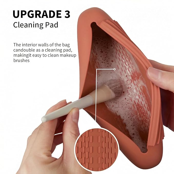AGIKET Silicone Makeup Brush Holder Travel Cosmetic Bag：Soft Portable Cosmetic Face Brushes Holder with Upgrade Anti-Fall Out Magnetic Closure, Large Travel Makeup Brush Case - Brown