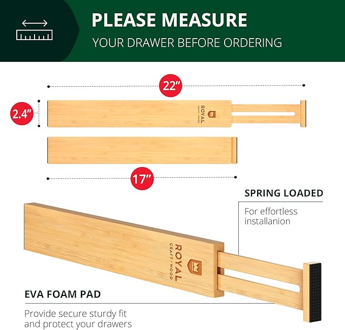 Bamboo Drawer Dividers Organizers, Adjustable Drawer Separator Splitters