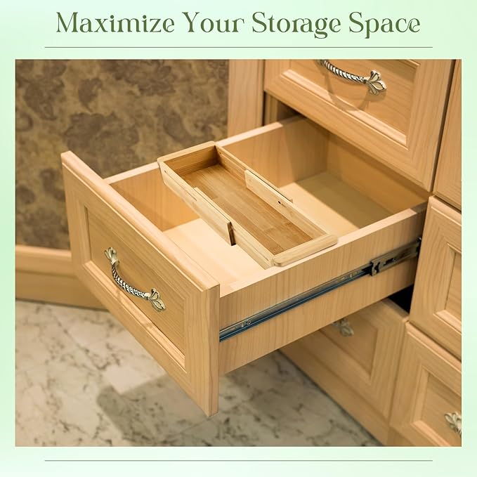LemonRoad 1 Pcs Sliding Drawer Organizer Bin Bamboo Drawer Expandable Bins Utensil Organizer for Kitchen Spoons Forks Knives (Wood)