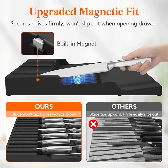 Lifewit Magnetic Drawer Knife Organizers Insert, Kitchen Plastic In Drawer Knife Block Slots, Steak Chefs Knives Holder Storage for 16 Knives and 1 Sharpening Steel, Extra Large, Black, 16.5"/42 cm(W)