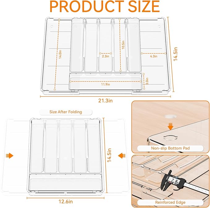 Large Clear Expandable Silverware Drawer Organizer for Kitchen