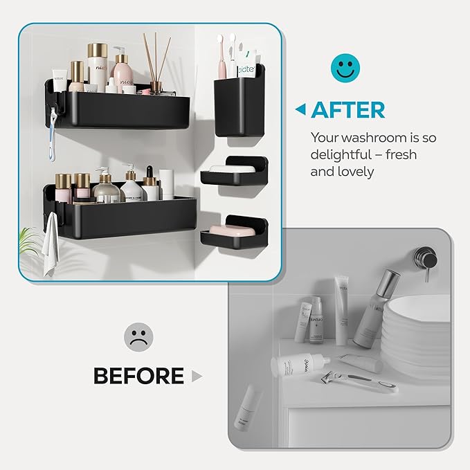 Adhesive Wall Shelf, Shower Shelves 5 Pack with Soap Holder, Black