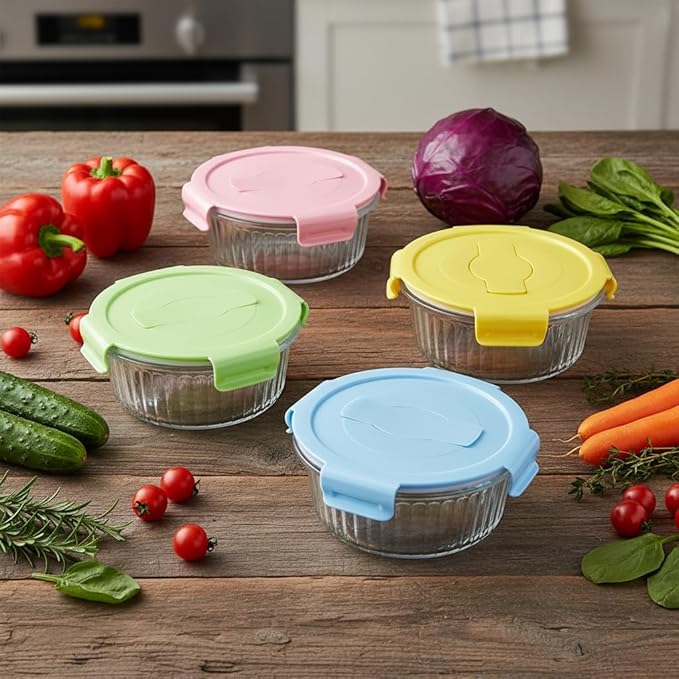 12oz Round Glass Food Storage Containers with Lids and Foldable Cutlery, 1.5 cup Round Glass Lunch Containers, Small Food Bowls for Office, School, Outdoor, Microwave, Freezer Safe -4 Pack