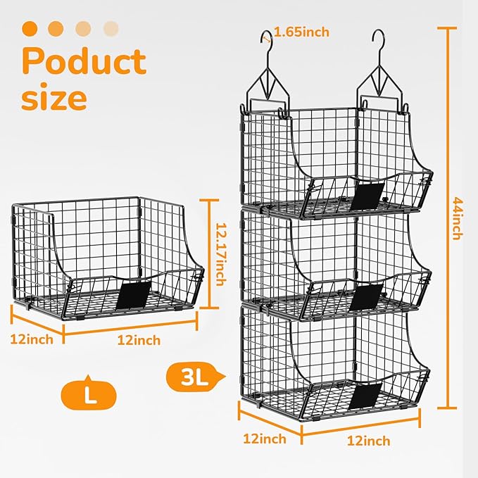 Hanging Closet Organizers and Storage, 3 Tier Closet Shelf Clothes Organizer with 2 S-Hooks, Multi-Functional Iron Wire Baskets, for Clothing, Sweaters, Handbags, Hat, Canned
