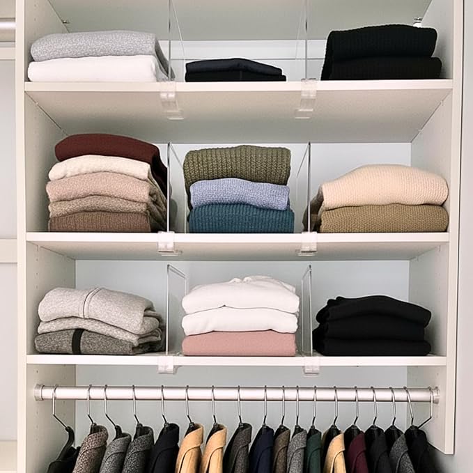 SortNStore Shelf Dividers Purse Organizer for Closet: 11-inch Tall(Extra Tall) Acrylic Sweater Organizer - Upgraded Extra Height for Large Handbags, Totes, Clothes, Towels on Wood Shelves 4-Pack