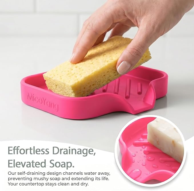 MicoYang Silicone Soap Dish with Drain Spout — Self-Draining Sink Organizer Tray for Bathroom & Kitchen, Holds Bar Soap, Sponges & Dispensers, Non-Slip & Dishwasher Safe, Rose Red (Small, 4.9"×3.2")