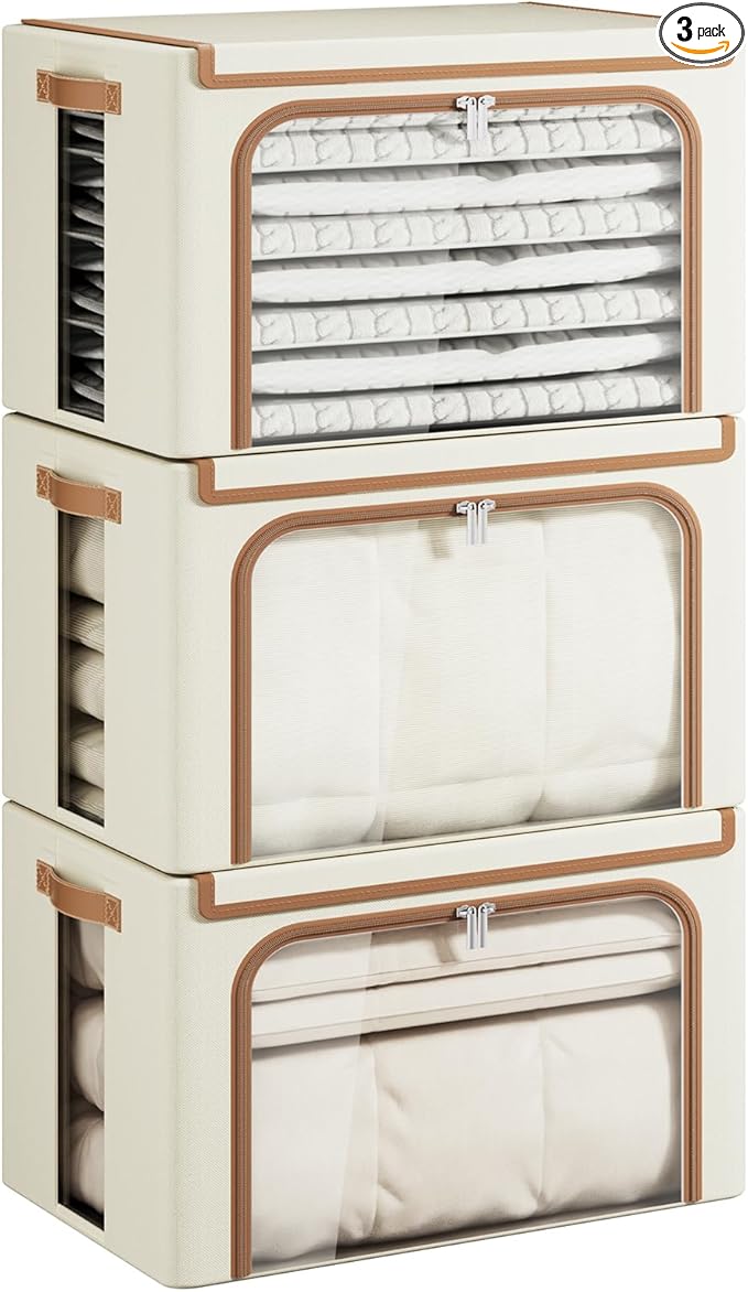 Clothes Storage Bins with Metal Frame, 3 Pack,Beige,66L