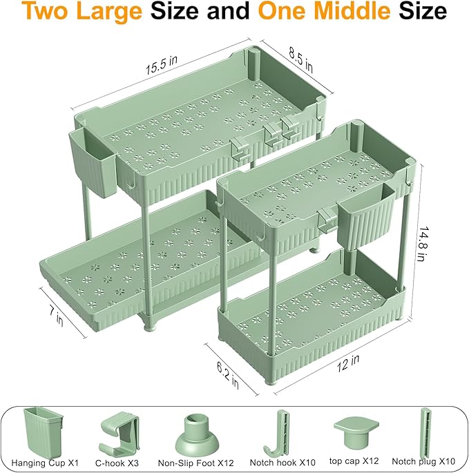 3 Pack Under Sink Organizers, Green, 14.8 Inch