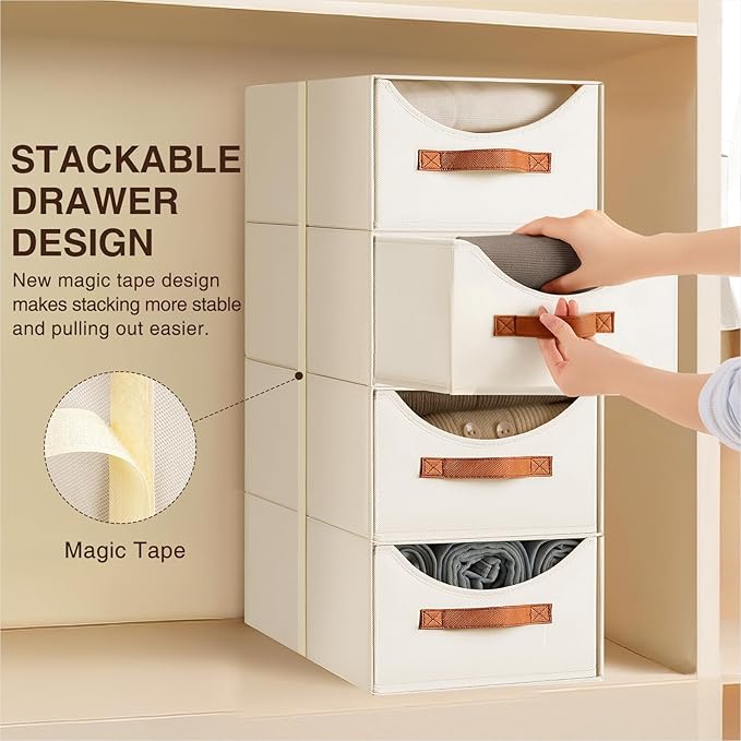 Homsorout Large Closet Storage Bins with Drawer, Fabric Bins for Organization, Collapsible Storage Drawers Organizer for Bedroom, Living Room, 8 Pack, Beige