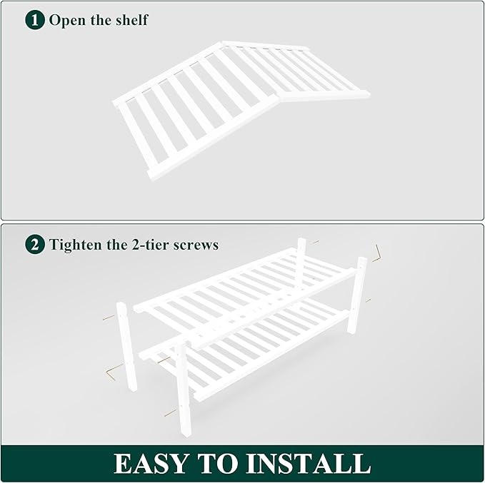Smiry Bamboo Shoe Rack for Closet, 2 Tier Wooden Shoe Organizer, Stackable Wood Shoe Storage Shelf for Entryway, 14 Vertical Slats, One-piece Heavy-Duty Legs, 26.77"x11.02"x12.99", White