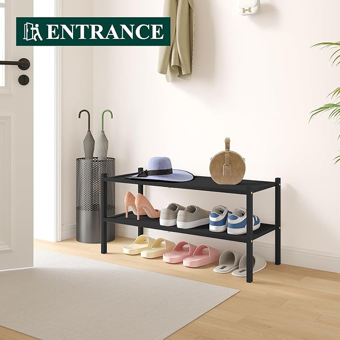 Bamboo Shoe Rack, 2 Tier Shoe Organizer for Entryway & Closet, Black