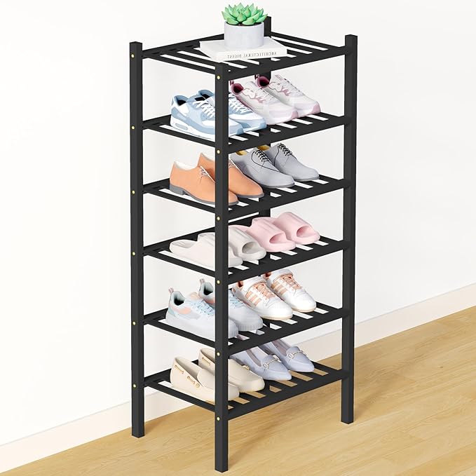 Bamboo Shoe Rack for Closet, 6 Tier Small Wooden Shoe Organizer, Black