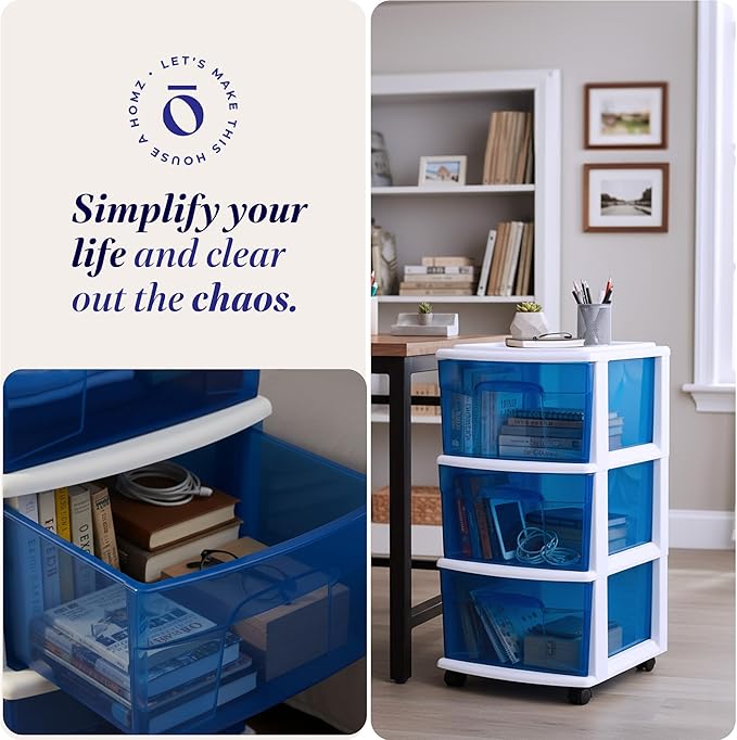 Drawer Tower, 3-Tier Clear Blue Plastic Storage Organizer Cart, White Frame
