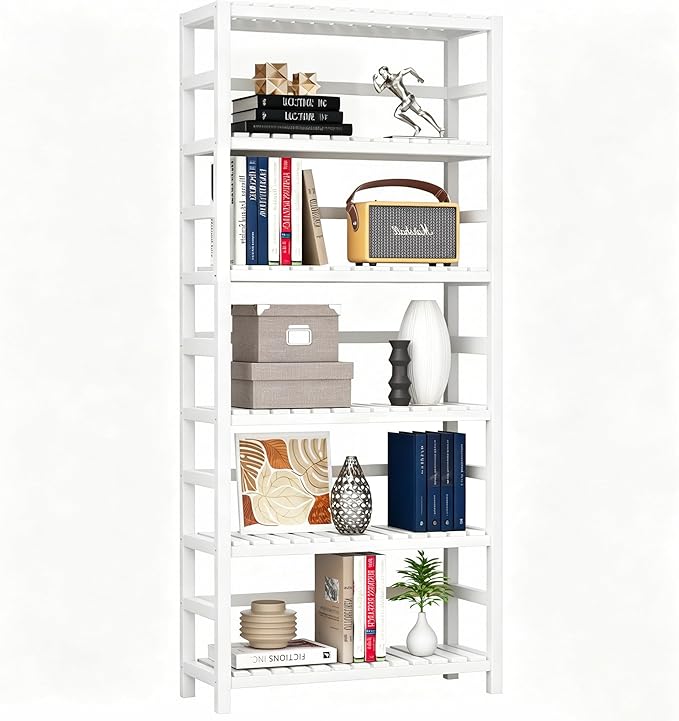 VASMIA 6-Tier Bamboo Shelf,Bamboo Storage Shelving Unit,Tall Bookcase with Adjustable Shelves,Multipurpose Storage Display Shelf for Bathroom, Living Room, Balcony, Kitchen,White