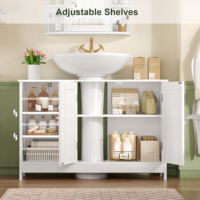 TEENFON 35.4" Pedestal Sink Storage Cabinet with 2 Doors and Adjustable Shelves, Bathroom Sink Cabinet, Under Sink Storage with U-Shape Cut-Out, White