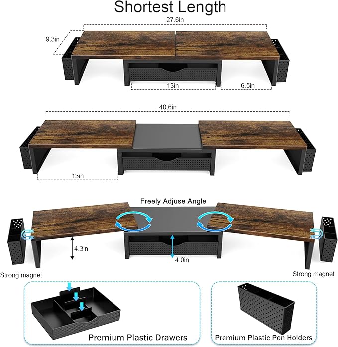 Dual Monitor Stand Riser, Desk Organizer With Drawer and 2 Pen Holders, Wood