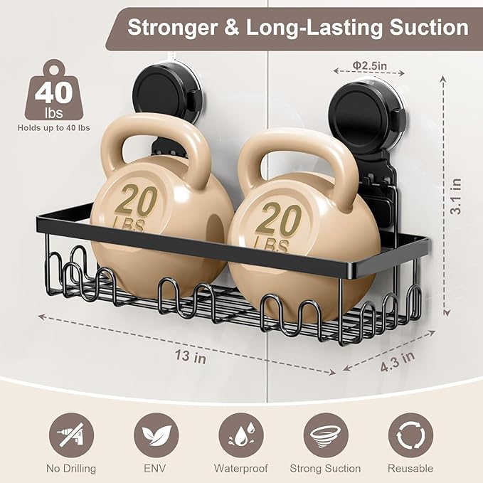 JOTPE Shower Caddy Suction Cup, Powerful Suction Storage Shelf Holds Up to 40 lbs, No Drilling Bathroom Organizer with Large Capacity, Removable & Reusable Shower Basket with Hooks, Rustproof, Black