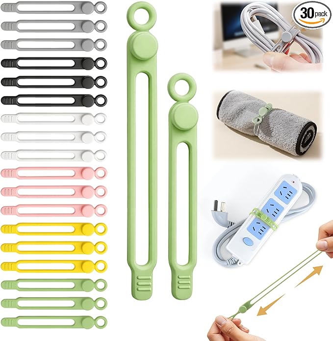 30 Pcs Silicone Cable Ties, Reusable Data Cable Organizer Wire Organizers for Office, Multipurpose Elastic Cord Wraps Cable Management for Charging Cord,Appliances,Home,Office,Kitchen,School,Travel