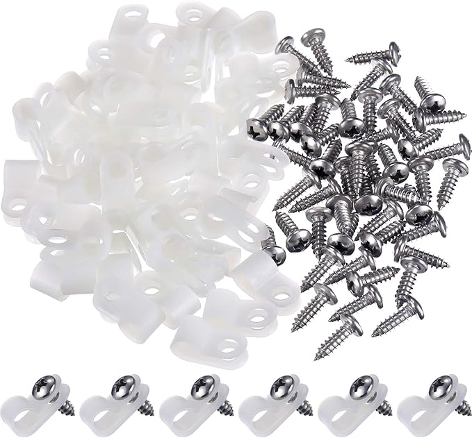 Hicarer 50 Pack R-Type Cable Clip Wire Clamp, Nylon Screw Mounting Cord Fastener Clips with 50 Pack Screws for Wire Management (White,1/4 Inch)