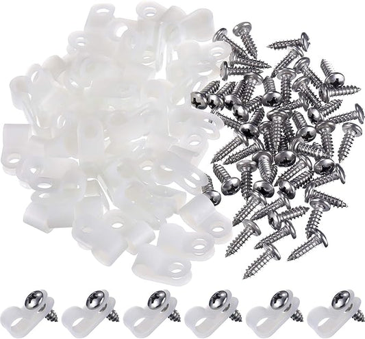 50 Pack R-Type Cable Clip Wire Clamp, White,1/4 Inch
