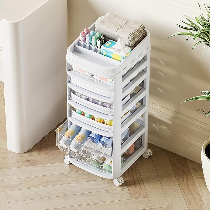 Rolling Cart with 6 Drawers, Clear Plastic Drawer Organizers, Dust Proof Under Desk Storage for Makeup, Skincare, Art Crafts and Baby Items, Acrylic Cosmetic Organizer with Dividers, Vanity Cart