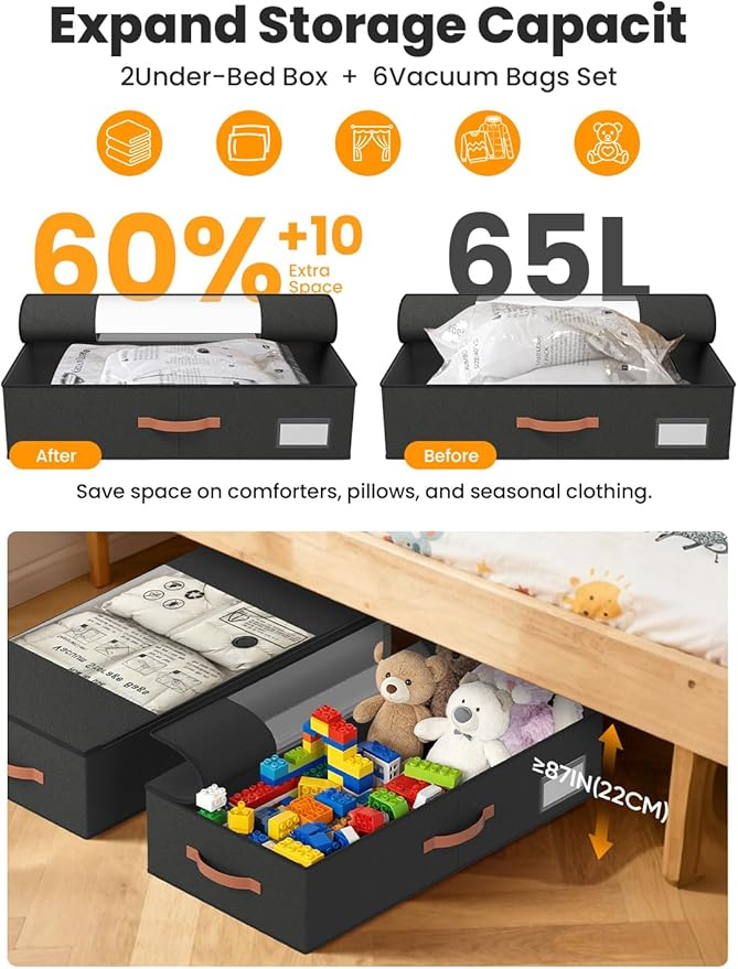TOSKING 2-Pack Under Bed Storage Drawers with Wheels, 6 Vacuum Bags, 7.9" Height, Large 65L/80 lbs Clear Lid Rolling Bin, 900D Oxford, Space Saver for Dorm Bedroom, Blankets, Clothes, Shoes, Black