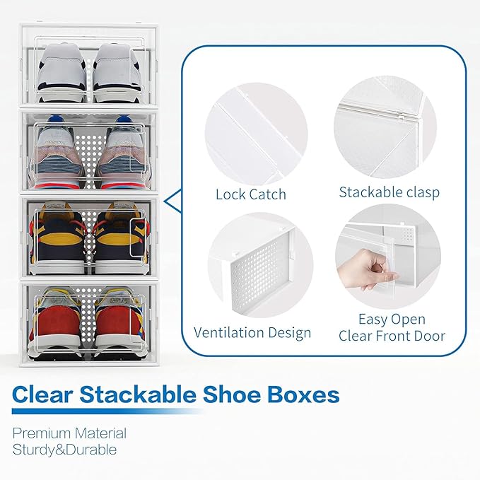Seseno 12 Pack Shoe Organizer Storage Bins Clear Plastic Stackable Shoe Boxes for Closet, Space Saving Foldable Shoe Storage Case, Sneaker Storage Shoe Box Container