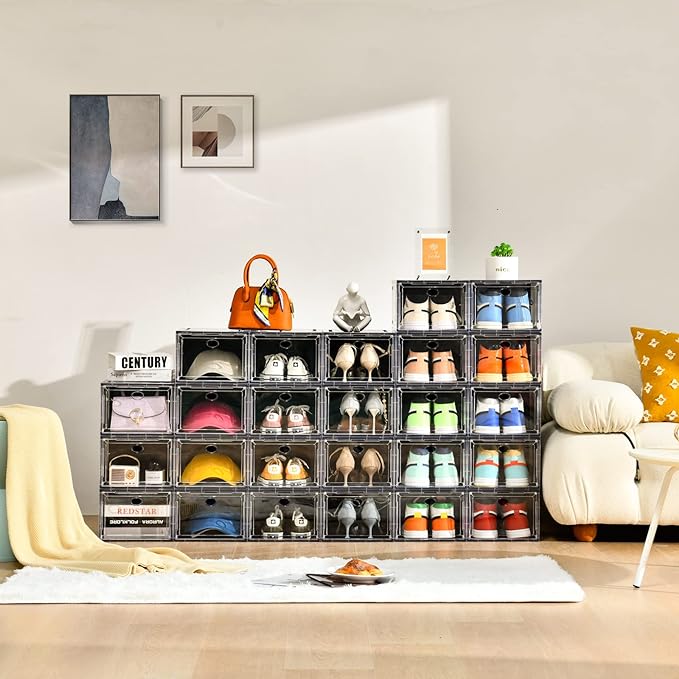 Amllas 10 Pack Shoe Boxes Stackable,Upgraded Sturdy Storage Boxes with Clear Magnetic Door,Multifunctional Sneaker Organizer Fit up to US Size 12 (13.8”x 9.84”x 7.1”)