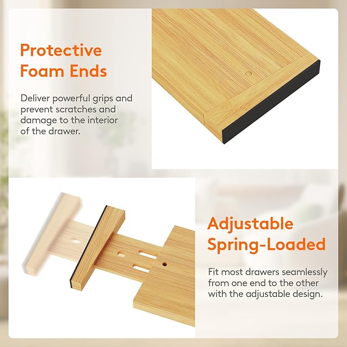 4" High 8 Pack Bamboo Drawer Dividers 43-54cm/17-21.5" Adjustable Wooden Drawer