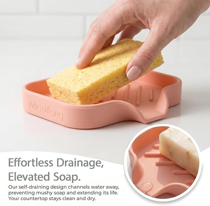 MicoYang Silicone Soap Dish with Drain Spout — Self-Draining Sink Organizer Tray for Bathroom & Kitchen, Holds Bar Soap, Sponges & Dispensers, Non-Slip & Dishwasher Safe, Pink (Small, 4.9"×3.2")