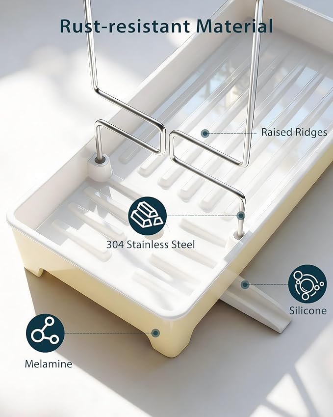 Minimalist Sink Caddy, Rustproof Sponge Holder for Kitchen Sink with 304 Stainless-Steel Brush Holder, Countertop Rack Organizer with Raised Ridges & Silicone Drain Tube (Pastel Yellow, Large)