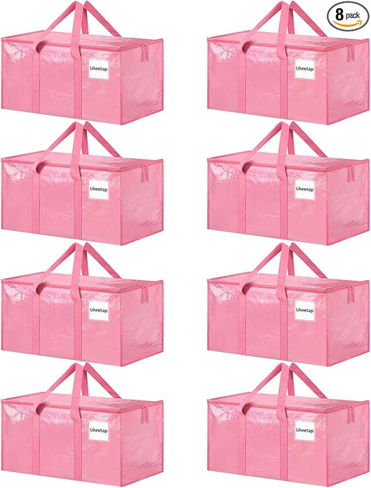 8 Pack Extra Large Heavy Duty Moving Bags, Pink Storage Bins with Lids