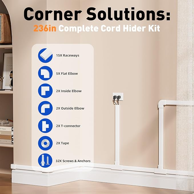 Delamu Cord Hider, 236in Cable Hider, Cord Covers for 3-4 Wires on Wall, Wire Covers for Cords, Wire Hiders for TV on Wall, Easier Setup Cable Cover Cable Management, W1.18 H0.63in, White