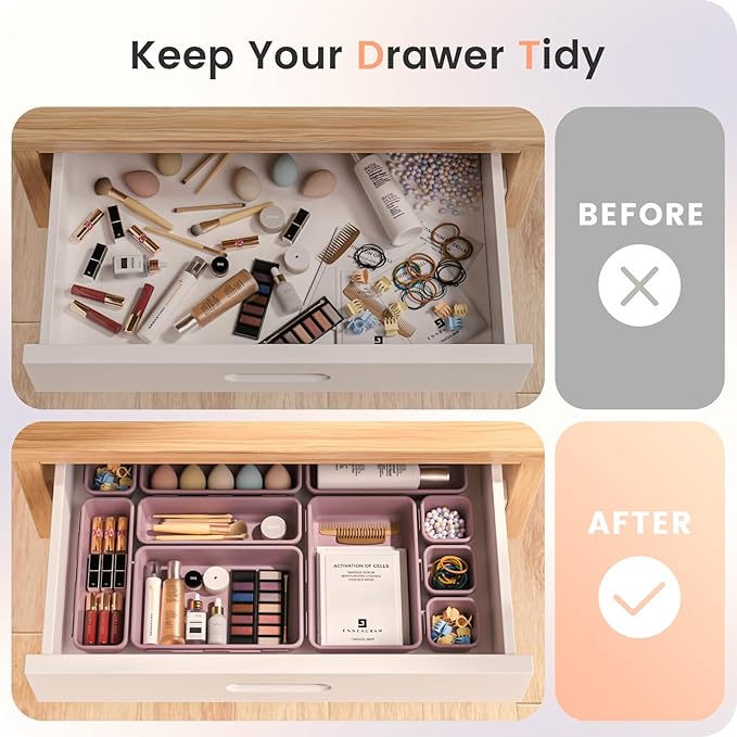A-LuGei 【Military Grade】 Drawer Organizer, 【𝟱𝗦𝗶𝘇𝗲】 Makeup organizer, 【Holds 177 Items】 Bathroom Organizers and Storage, Organization and Storage, Desk Drawer Organizer for Vanity (Lilac)