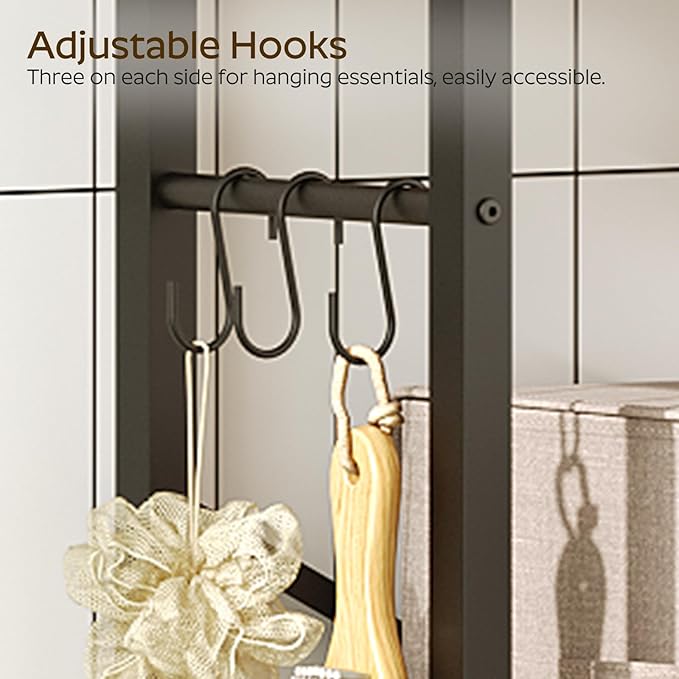 YATINEY 2-Tier Over The Toilet Storage, Multifunctional Vertical Over Toilet Bathroom Organizer, Freestanding Bathroom Storage Shelves with Hooks, Bathroom Organizer, Rustic Brown and Black TR01BR