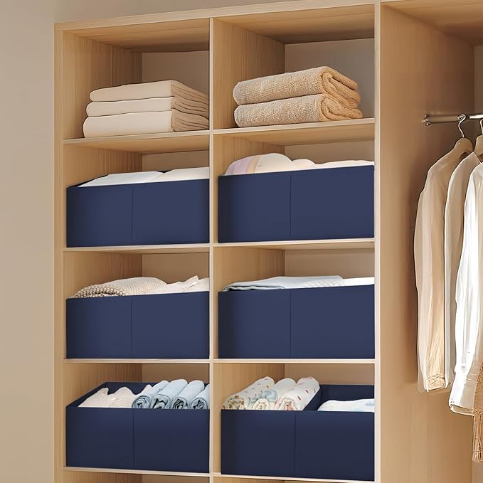 Large Closet Shelf Organizer Bins 4 Packs with Handles and Divider, Navy Blue