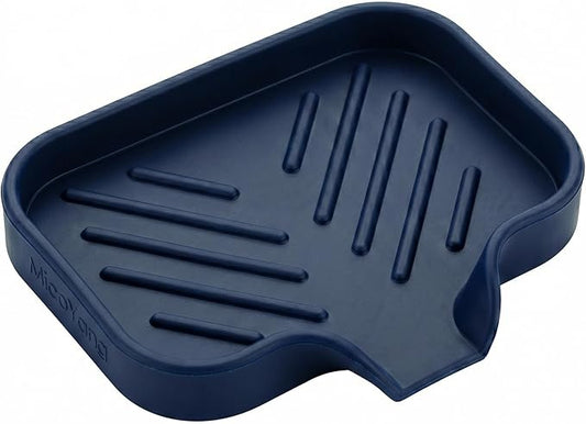 MicoYang Silicone Soap Dish with Drain Spout — Self-Draining Sink Organizer Tray for Bathroom & Kitchen, Holds Bar Soap, Sponges & Dispensers, Non-Slip & Dishwasher Safe, Navy Blue (Small, 4.9"×3.2")