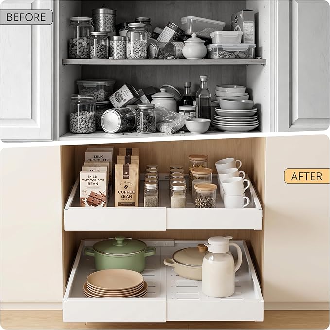 DOMNIU 4 Pack Pull Out Cabinet Organizers Expandable Width (12.4''-20.27''), Upgrade 3 Slide Rails Sliding Drawer for Kitchen Cabinet Organizer with Adhesive Nano Film, White