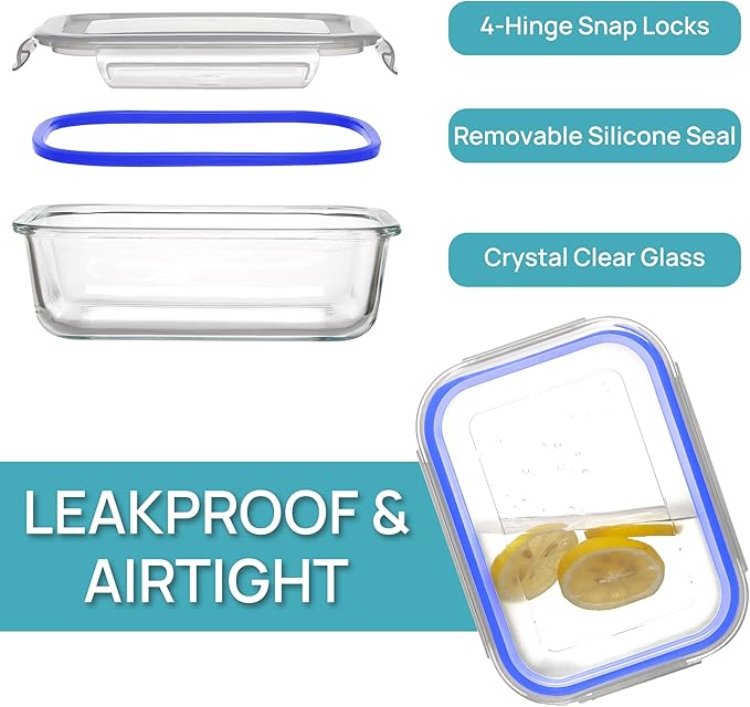5 Pack 35oz Glass Food Storage Containers with Lids, Meal Prep Containers, Blue
