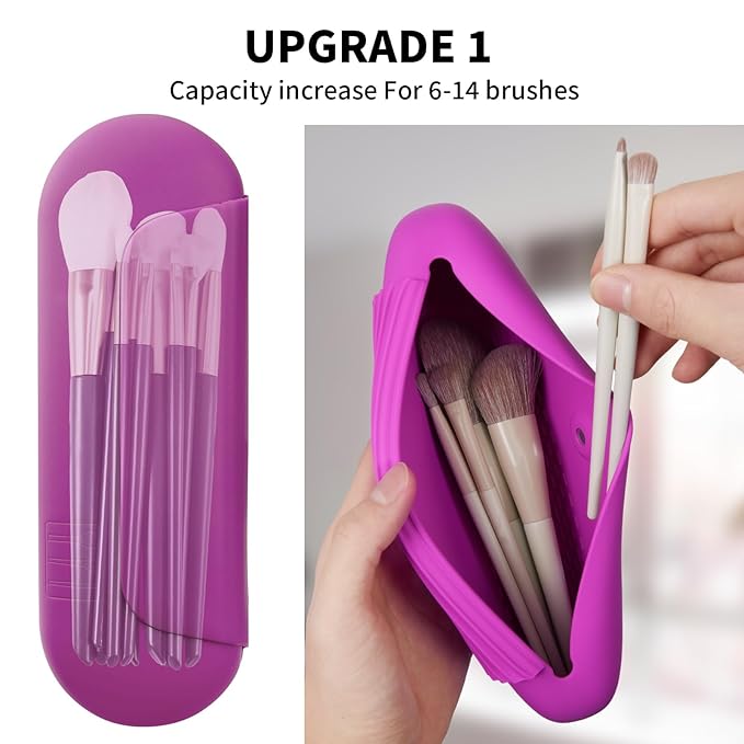 AGIKET Silicone Makeup Brush Holder Travel Cosmetic Bag：Soft Portable Cosmetic Face Brushes Holder with Upgrade Anti-Fall Out Magnetic Closure, Large Travel Makeup Brush Case - Bright Pink